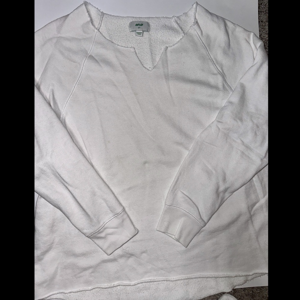 Aerie lightweight raw hem tunic crew neck sweatshirt with cut v in front